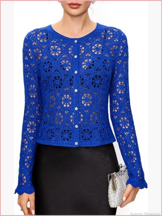 Sweaters - Vintage Crochet Cardigan with Golden Thread, Cropped Openwork Knit Sweater for